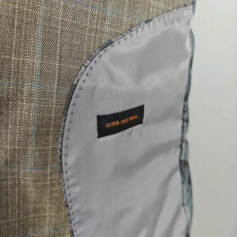 Apollo King Men's Sport Coat Blazer Single Button Brown Plaid 150s Wool Peak 42R